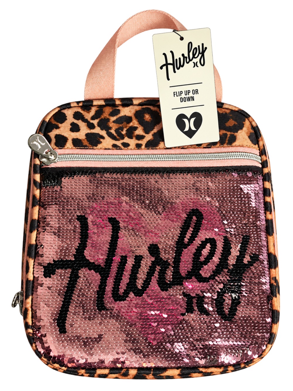 Hurley Pink Sequin Cosmetic Case with Leopard Trim